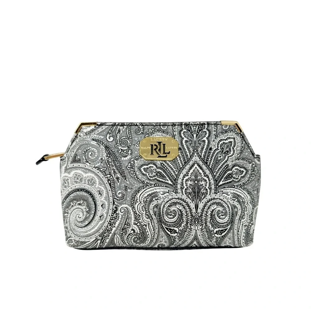 Ralph Lauren Black White Paisley Vegan Leather Clutch Bag